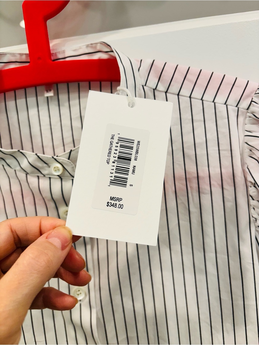 NWT Frame Striped Button-Front Puff Sleeve Blouse White with Navy Stripes cotton - Picture 5 of 16